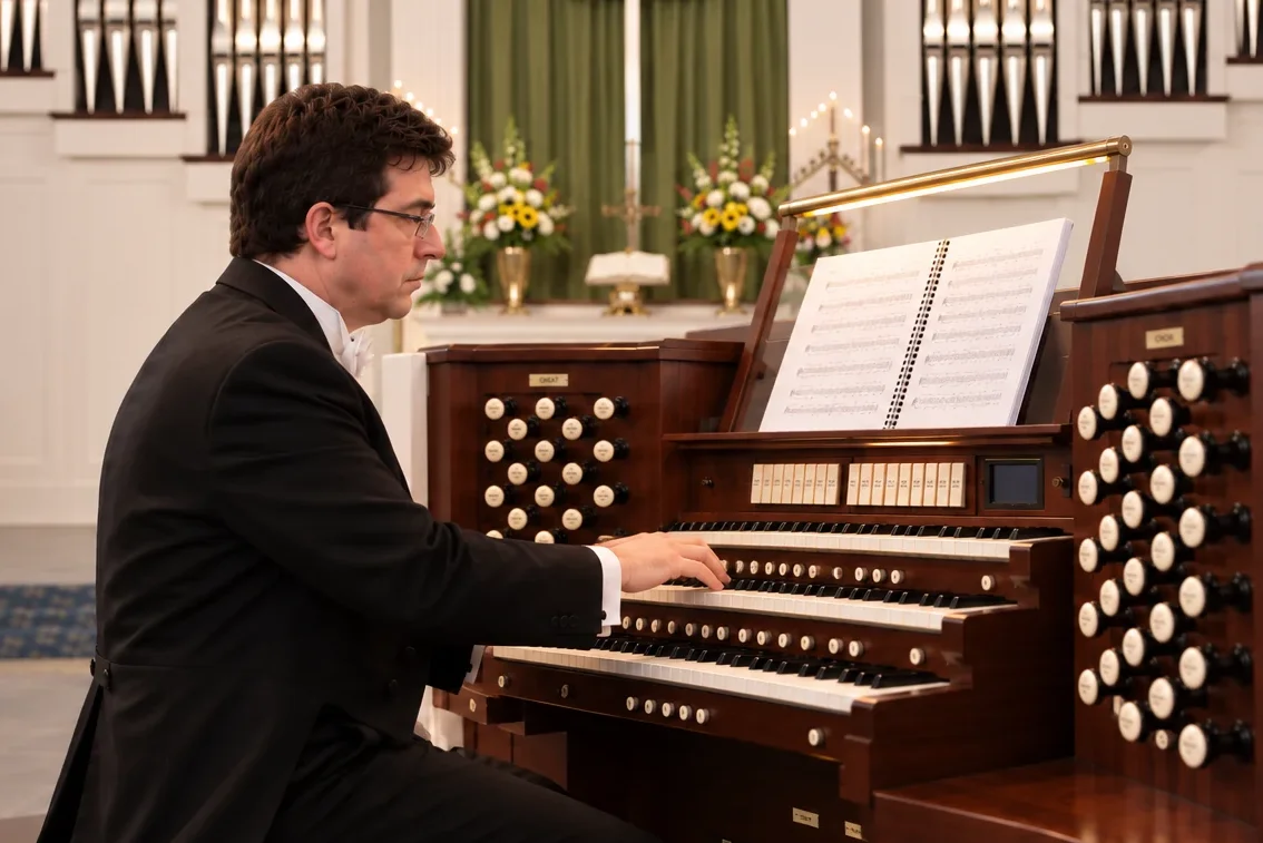 James F. Compton performing at the three-manual Casavant pipe organ at Redeemer.